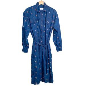 Jamison Boutique VINTAGE Floral Roses Embroidered Denim Navy Dress 20 Belted